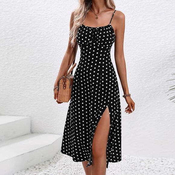 Womens Polka Dot Sundress Spaghetti Strap with Slit - Picture 2 of 5